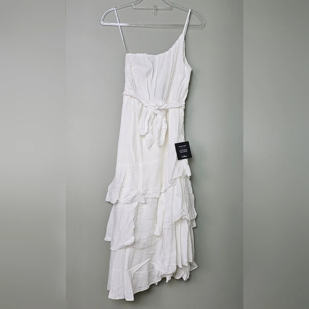 Lulus Slice Of Sunshine White One-Shoulder Asymmetrical Tiered Midi Dress, SMALL